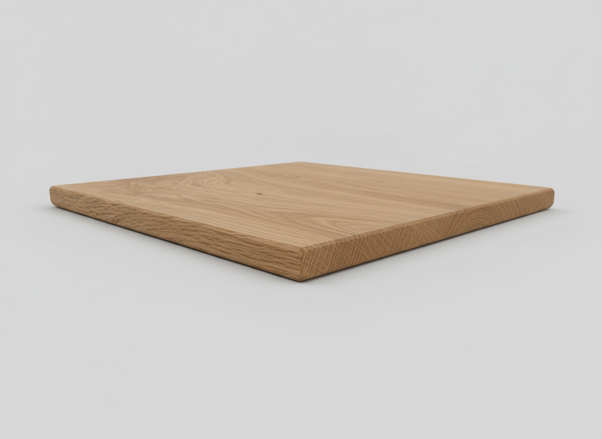 Närbild på skärbräda i massiv ek, visar den handgjorda finishen och den vackra strukturen i träet.