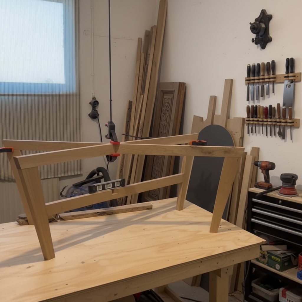 Bild på ekben som limmas ihop i snickeriet, visar arbetsprocessen och hantverksskicklighet i tillverkning av möbler.