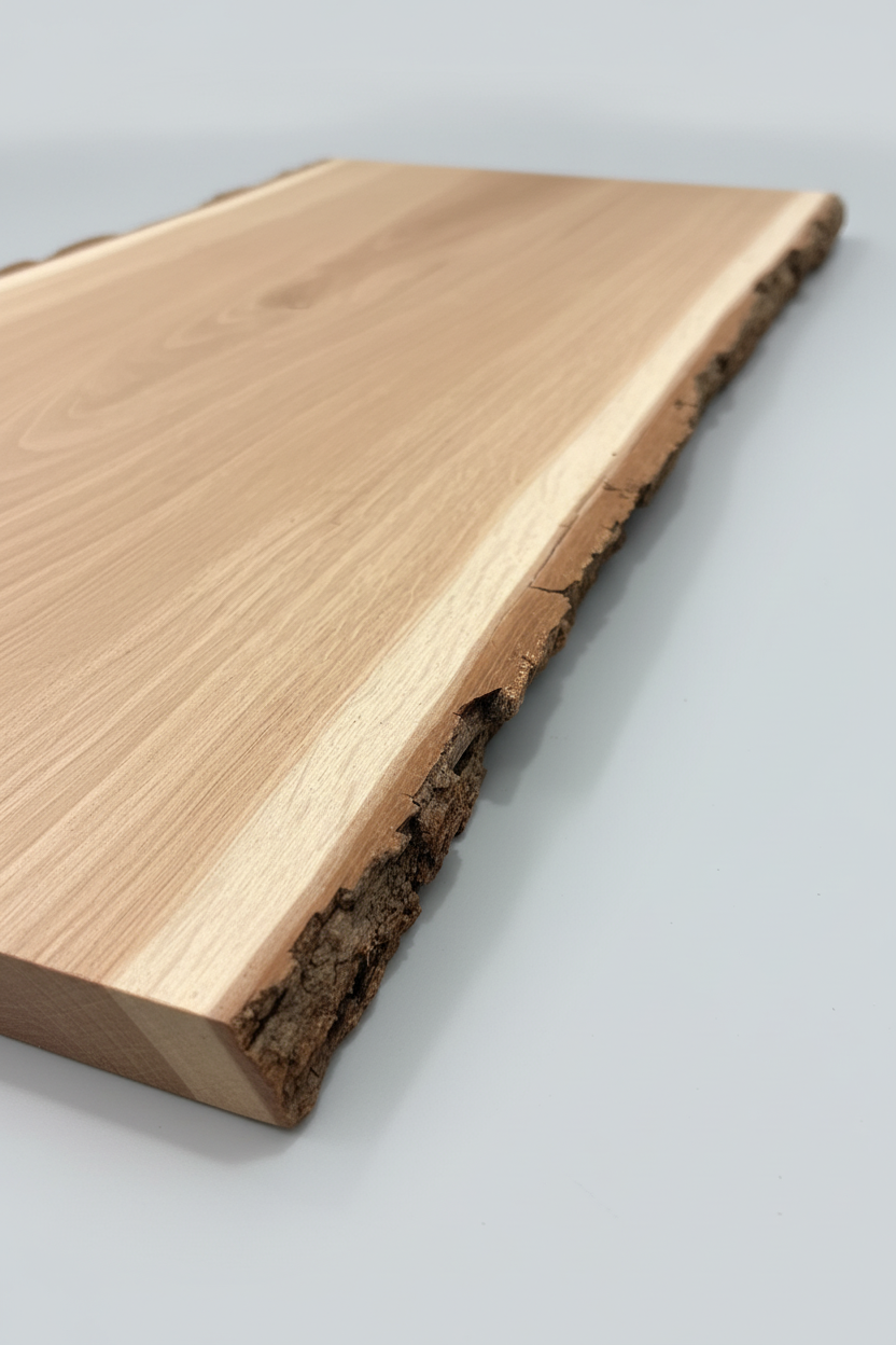 Närbild på en ekskiva i massivt trä med barkkant, som fångar den rustika skönheten och äktheten i naturmaterial – leder vidare till sidan om massivt trä.