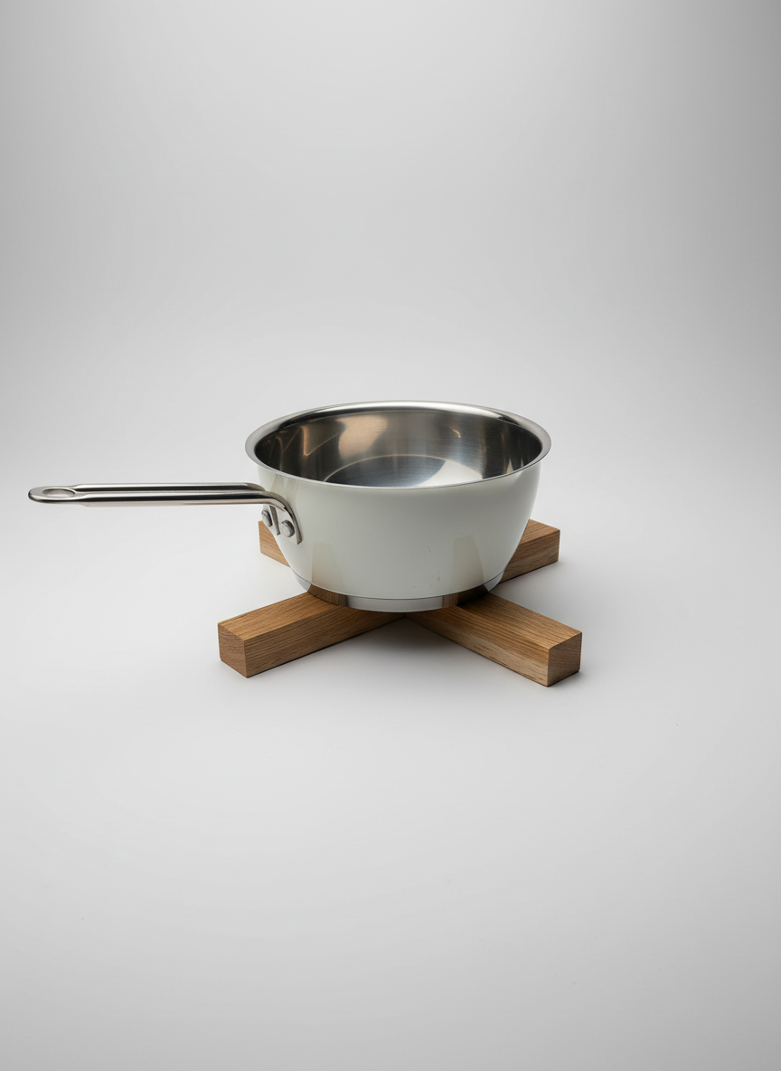 Grytunderlägg i massiv ek med en kastrull placerad ovanpå, visar hur underlägget används för att skydda ytor i köket.