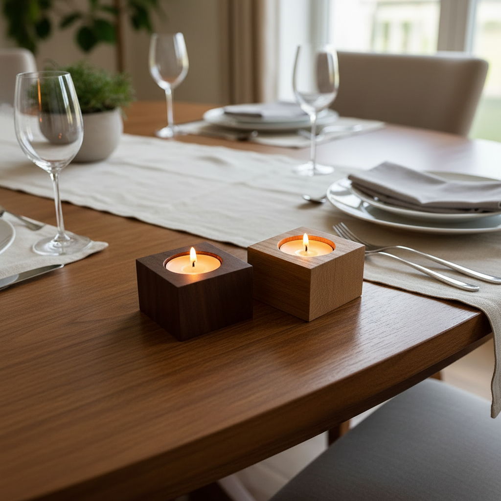 Två kubformade ljusstakar i massiv ek och valnöt stående på ett matbord, presenterade i en vardaglig miljö.
