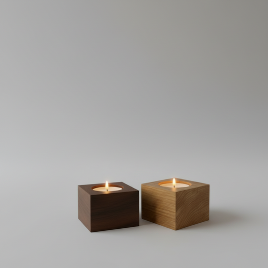 Två kubformade ljusstakar, en i massiv ek och en i valnöt, placerade tillsammans och visar tydlig kontrast i färg och träslag.