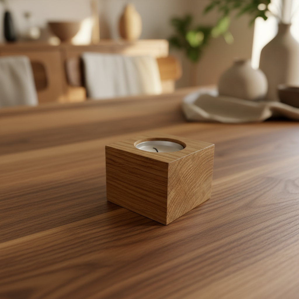 En kubformad ljusstake i massiv ek placerad på ett matbord, visar träets naturliga ådring och rena form.